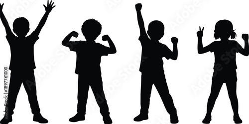Happy kids silhouette vector set showing cheering children celebrating victory, playful success poses for childhood fun illustration collection design