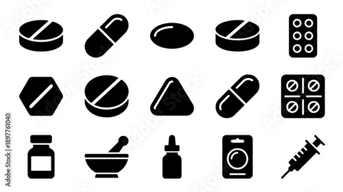 Collection of Medical Pills Capsules and Pharmacy Icons.