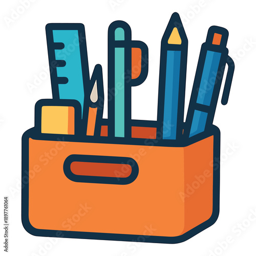 Container with office supplies flat vector illustration