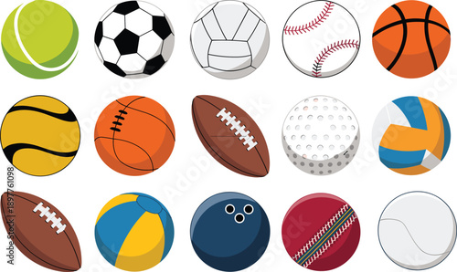 Sports balls vector illustration set featuring soccer, basketball, baseball, tennis, volleyball, rugby, bowling, and golf balls in colorful flat design style