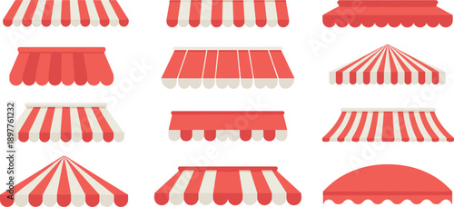 Shop awning vector illustration set with red and white striped canopies, storefront covers, and market tent designs in flat cartoon style