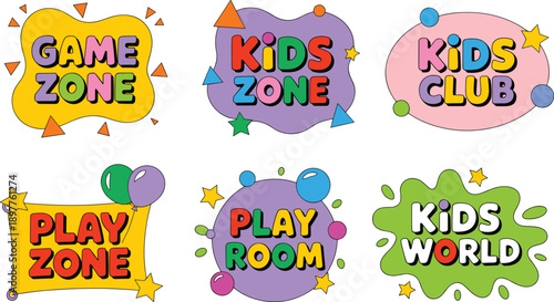 Kids zone colorful vector labels set with playful typography, fun shapes, and bright cartoon style badges for playroom, game area, and children club design
