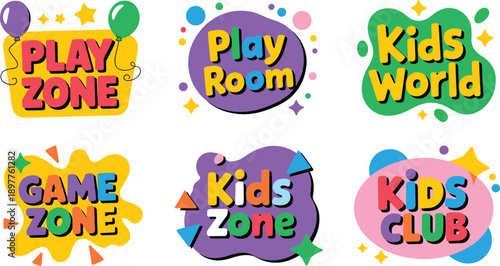 Colorful kids zone signage designs with playful fonts, vibrant backgrounds, and decorative elements for children’s playroom, club, game area, and activity branding.
