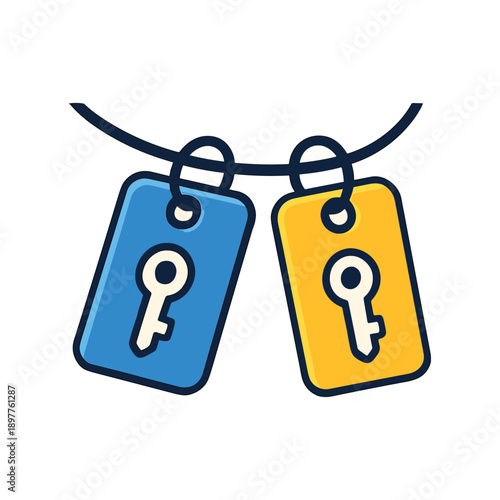 Key tags hanging on string flat vector illustration