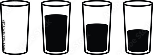 Glass cup fill level comparison illustration showing empty and partially filled drinking glasses minimal flat vector design