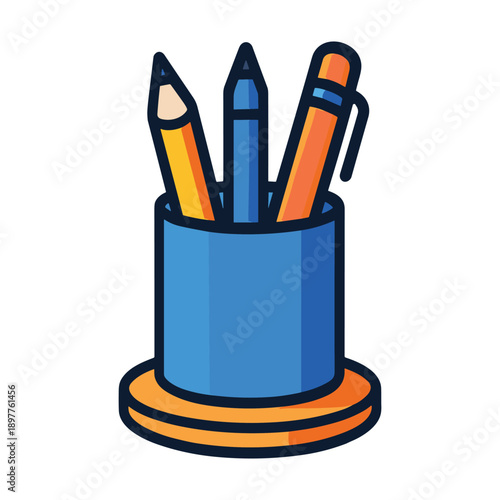 Colored pencils and pen in blue holder flat vector
