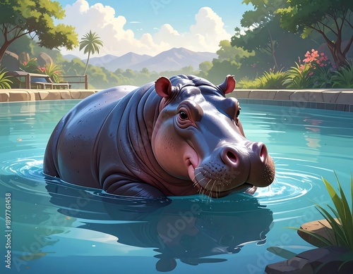 A serene hippo floats in a pool on a sunny day with mountains in the distance and lush greenery