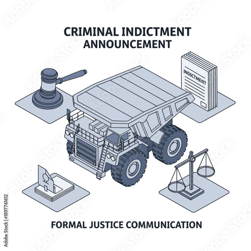 Isometric illustration of a prison truck with justice symbols and formal indictment announcement.