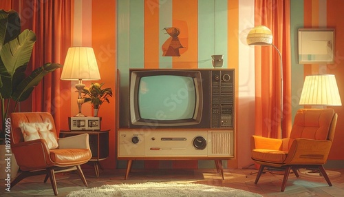 Retro living room with vintage television and orange chairs, 1970s style interior