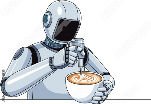 Robot barista making latte art in a coffee cup, service automation concept
