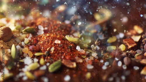 Close-Up of Vibrant Spices and Seasonings with Textures and Colors for Culinary Art and Cooking Inspirations in a Beautiful Composition