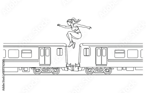 Single continuous line drawing of young sportive woman training pole vault jump in the field.