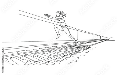 Single continuous line drawing of young sportive woman training pole vault jump in the field.