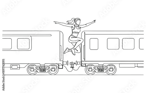 Single continuous line drawing of young sportive woman training pole vault jump in the field.