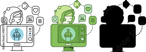 Set of social media and video monitoring icons with profile avatar and analytics symbols