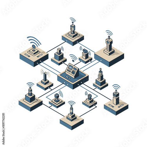 Isometric illustration of a network system with interconnected devices and wireless connectivity.