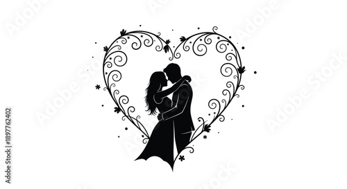 Couple embracing within a heart shaped design a romantic silhouette