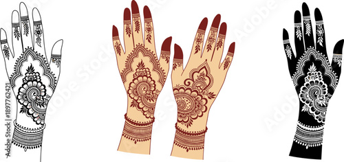 Traditional henna mehendi designs on female hands, set of indian or arabic bridal patterns