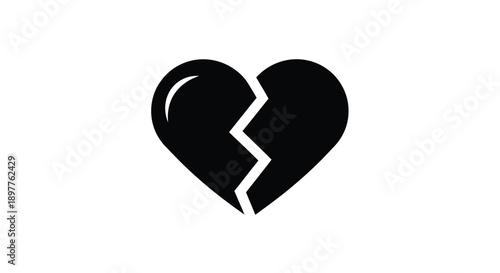 A broken heart icon depicted in stark black silhouette