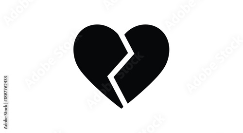 A fractured heart shape depicted in stark black silhouette