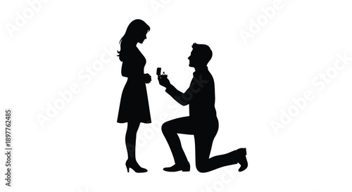 A romantic proposal scene featuring a kneeling man and woman silhouette