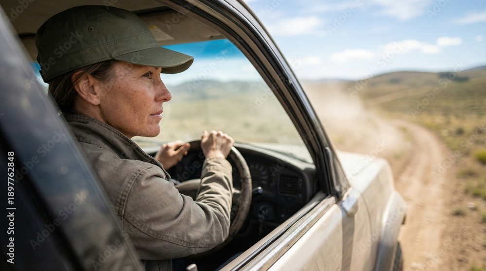 Naklejka premium Woman drives an off road vehicle on a dirt path through an open landscape under a blue sky on a sunny day