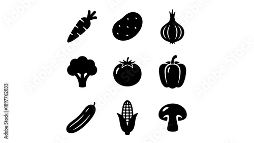 Collection of nine black vegetable icons on a white background.