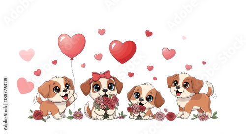 Cavalier King Charles Spaniel puppies Valentine's Day icon set, includes dogs, hearts, flowers, and balloons, created in cute cartoon style with pink and red color palette