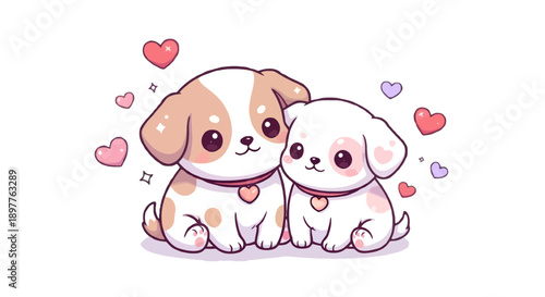 Cute kawaii puppies with hearts, vector illustration of two adorable dogs