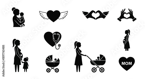 Black silhouettes of mothers with children baby strollers and hearts symbolizing motherhood and love