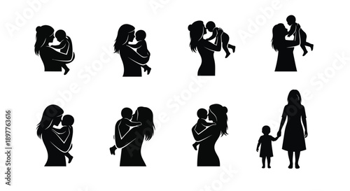 Silhouettes of mothers holding and caring for their children family love and bonding