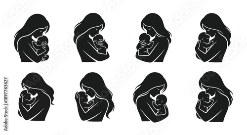 Mother holding baby eight black silhouette illustrations white background parenting concept childcare motherhood love care