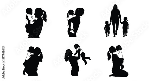 Silhouettes of mothers and children in various tender moments and playful poses