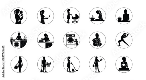 Black silhouettes of people doing daily household chores and activities in circles