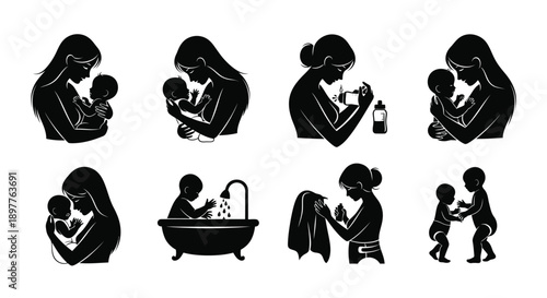 Mother and child silhouettes various tender moments black icons parenting illustrations family bonding childcare nurturing love care support