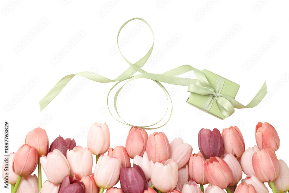 Fototapeta premium Colorful tulips and a gift create a festive atmosphere, isolated, PNG