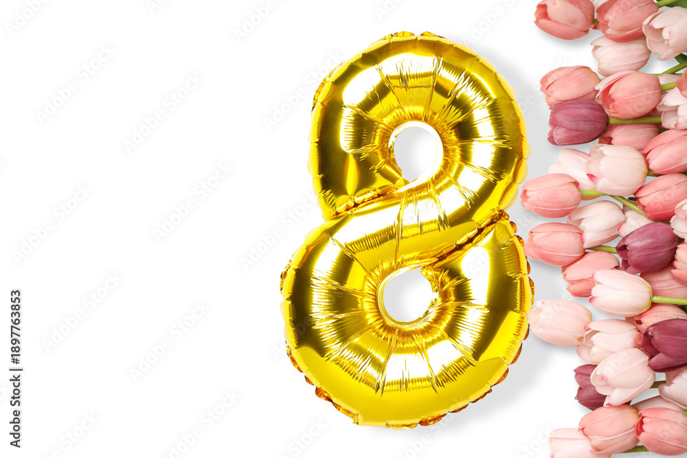Fototapeta premium Colorful tulips and a gold balloon number create joy, isolated, PNG
