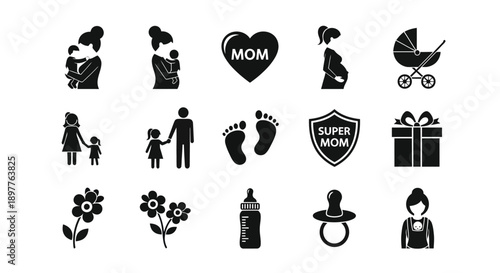 Black icons for motherhood and parenting on white background symbols for mom and baby care family love and gifts