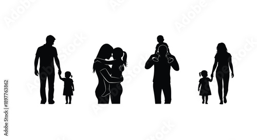 Black silhouettes of happy families with parents and children representing love and togetherness on a white background symbolizing unity and relationships