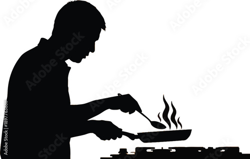 Man cooking on stove with sizzling pan and utensil
