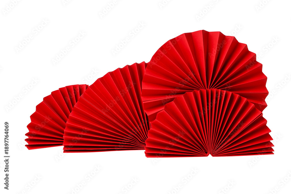 Naklejka premium Three red decorative paper fans arranged, isolated, PNG