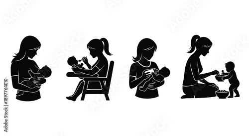 Silhouette of mothers breastfeeding their babies in various positions and settings