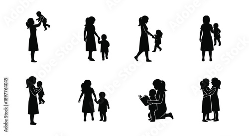 Silhouettes of mothers and children in various tender interactions and daily activities on white background