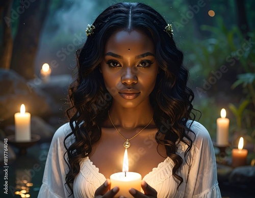 A serene image features a woman with flowing dark hair holding a lit candle. Warm light emanates from the candle and other candles around