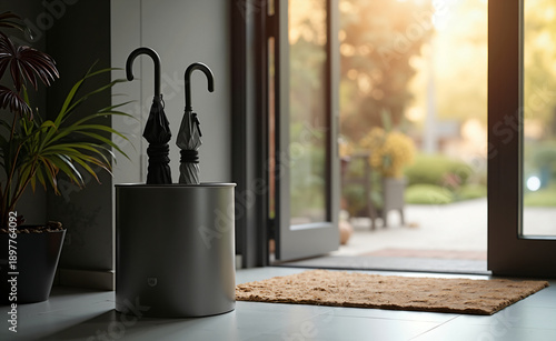 Modern entryway with umbrella stand and open front door, cozy home interior with doormat and soft morning light