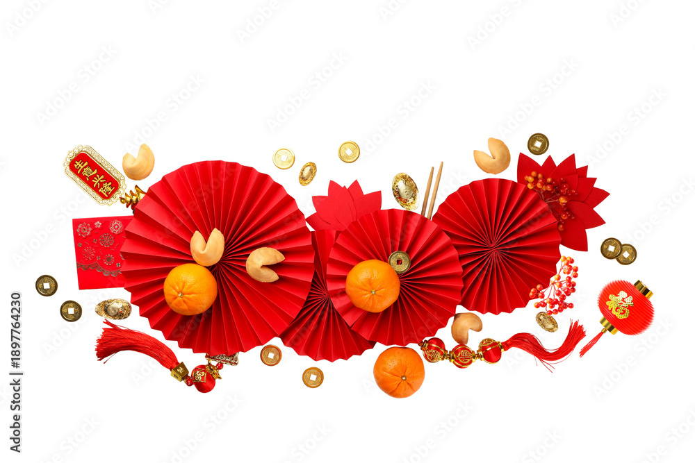 Obraz premium Red fans, oranges, and gold coins for celebration, isolated, PNG