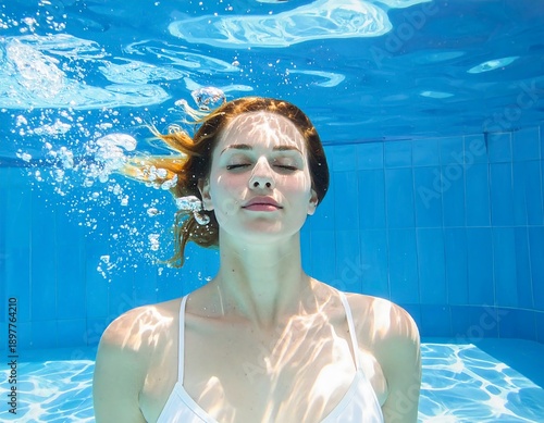 A serene image features a woman submerged underwater with closed eyes, her flowing hair and face lit by sunlight. The blue tiles add serenity