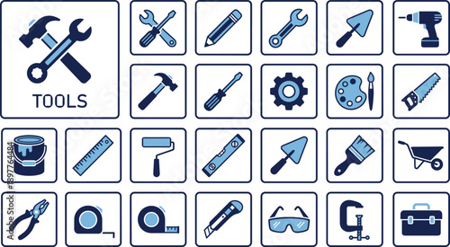 Construction tools icon set with hammer wrench screwdriver drill paint brush and repair equipment symbols for DIY renovation maintenance and industrial design projects