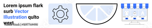 Gear icon, lemon slice, and e-commerce storefront graphics for branding, marketing, web interface, and more. Ideal for business, e-commerce, creativity technology refreshment and simple landing