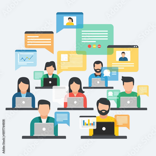 People working on laptops with speech bubbles.